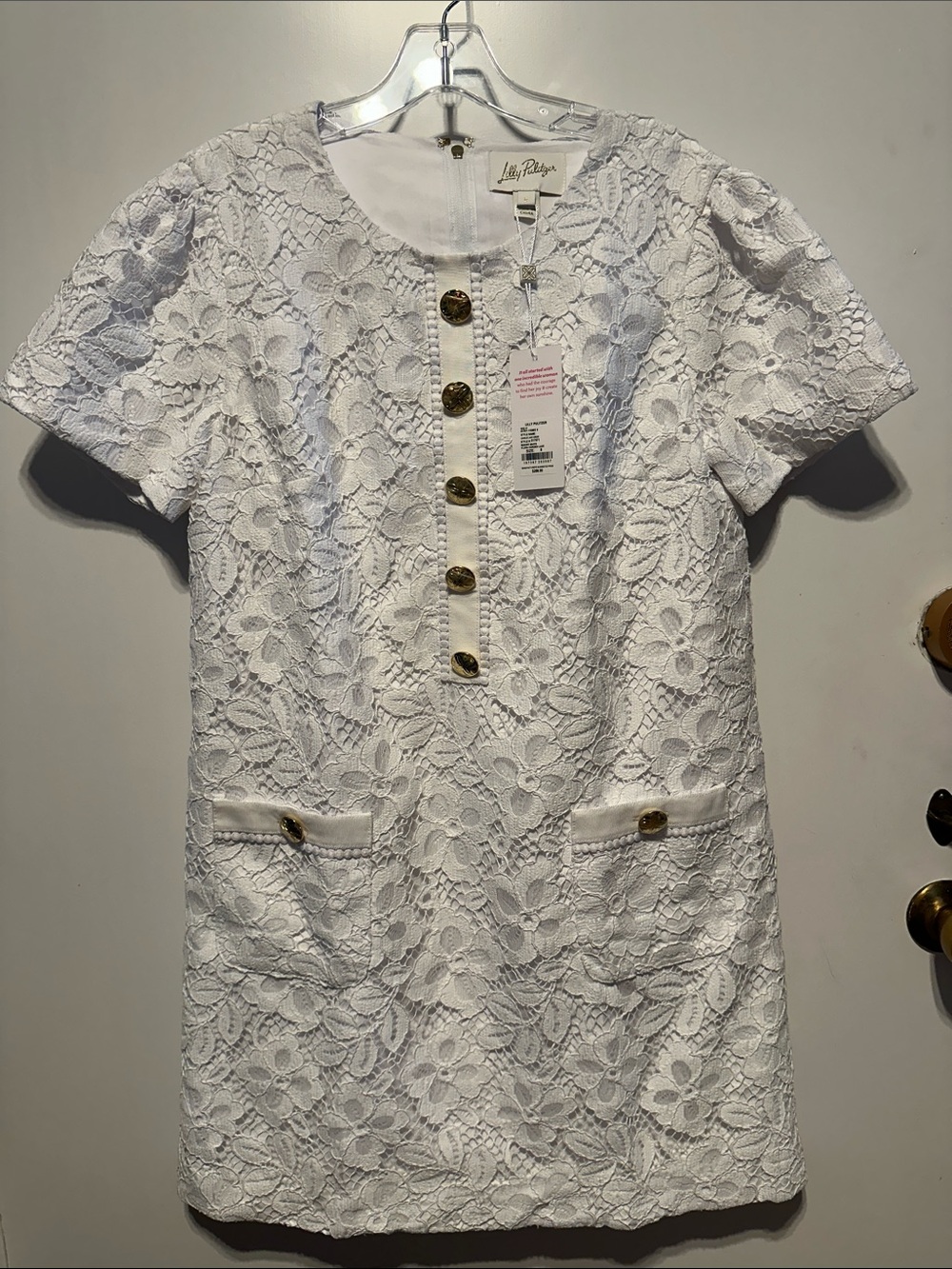 Lilly Pulitzer White Camalie Lace Shift Sz 8  Short Sleeve Dress Gold Buttons